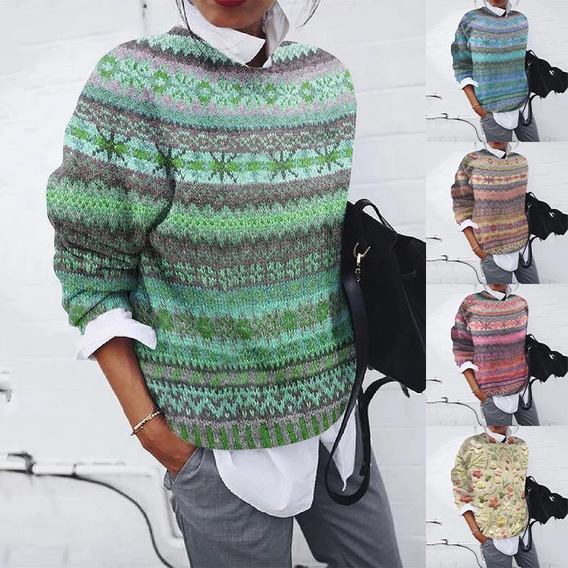 2024 Women's Color Block Round Neck Loose Knit Pullover Sweater