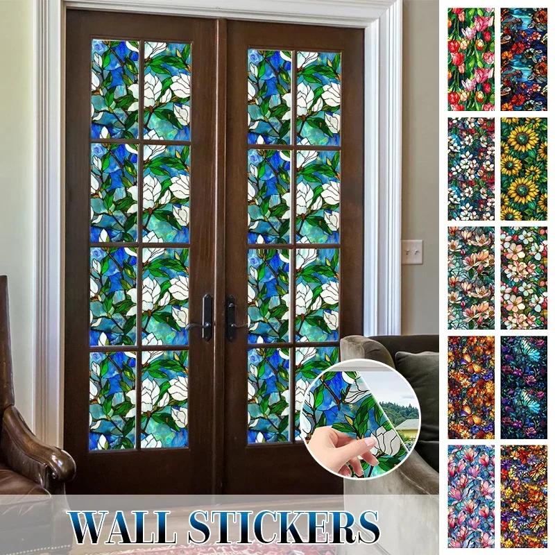 45x100cm Colorful Flower Stained Glass Film Static Cling PVC Privacy Window Film Home Living Room Office Art Decor