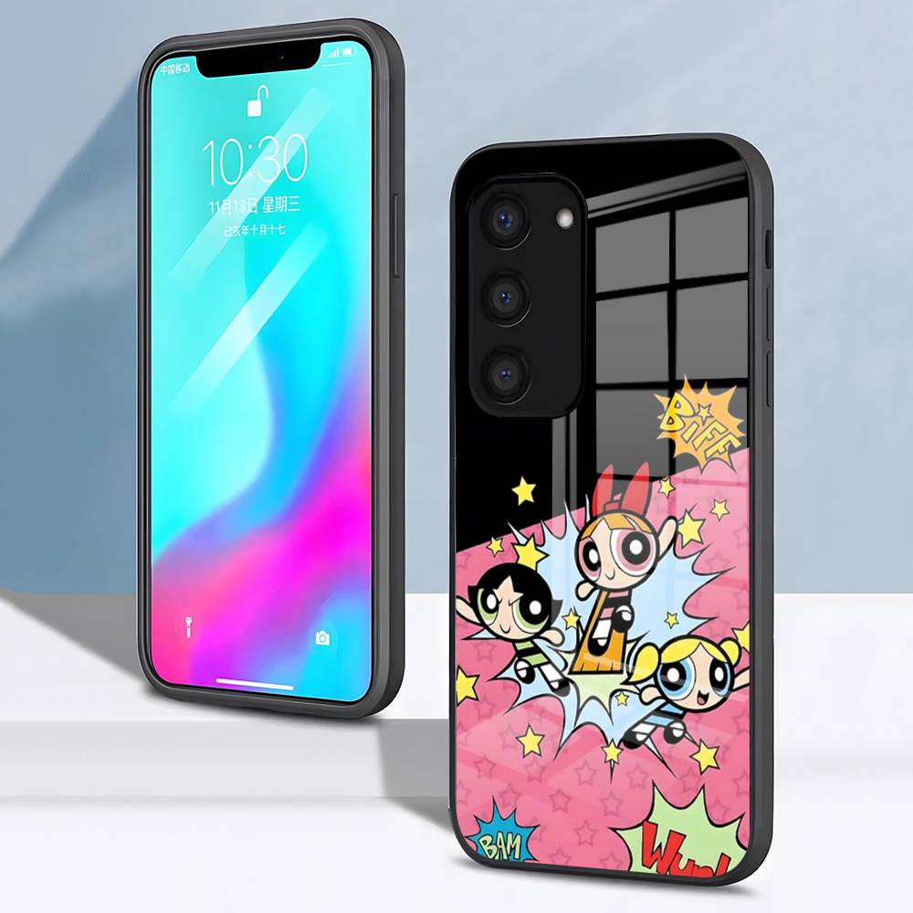 The P-Powerpuff Girls Cute Phone Case For Samsung S26 S25 S24 FE S23 S22 S21 Plus S20 Ultra Note20Ultra Black Glass Cover