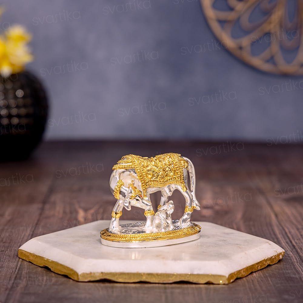 Kamdhenu Cow with Calf Idol | 24K Gold & 999 Silver Plated | Excellent Vastu Correction Remedy for Financial Problems | Wedding & Housewarming Gift