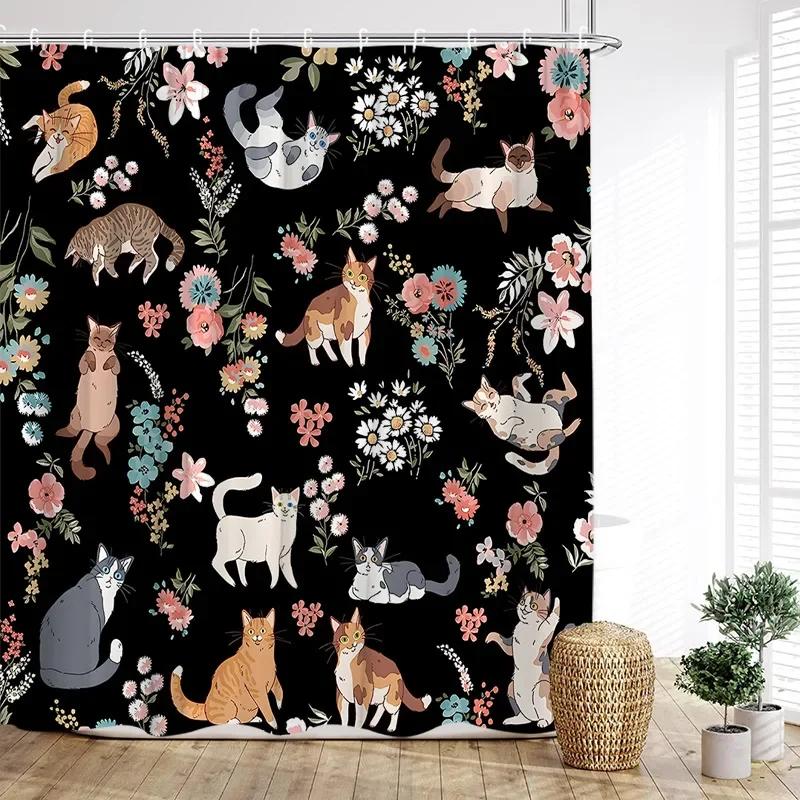 Cute Cats Shower Curtain Vintage Watercolour Floral Plant Animals Pet Kids Bath Curtains Fabric Home Bathroom Decor with Hooks