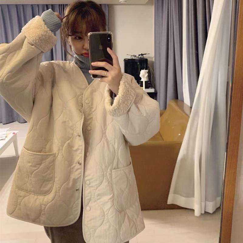 

Хлопковая одежда женская бархатная зимняя новая модная свободная ретро овечья шерсть теплая маленькая утолщенная хлопковая одежда трендовая XL 115-130 грязно-белый