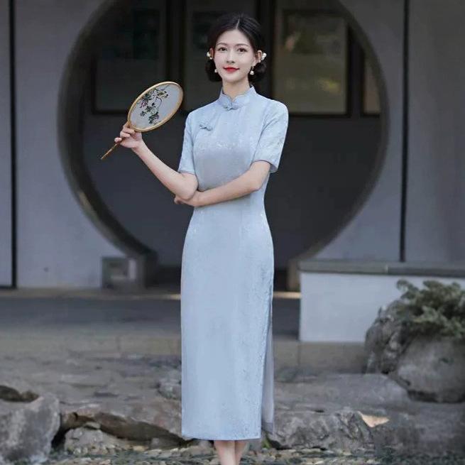 High-end silk cheongsam summer 1011 new jacquard new Chinese-style mulberry silk bride toast cheongsam dress