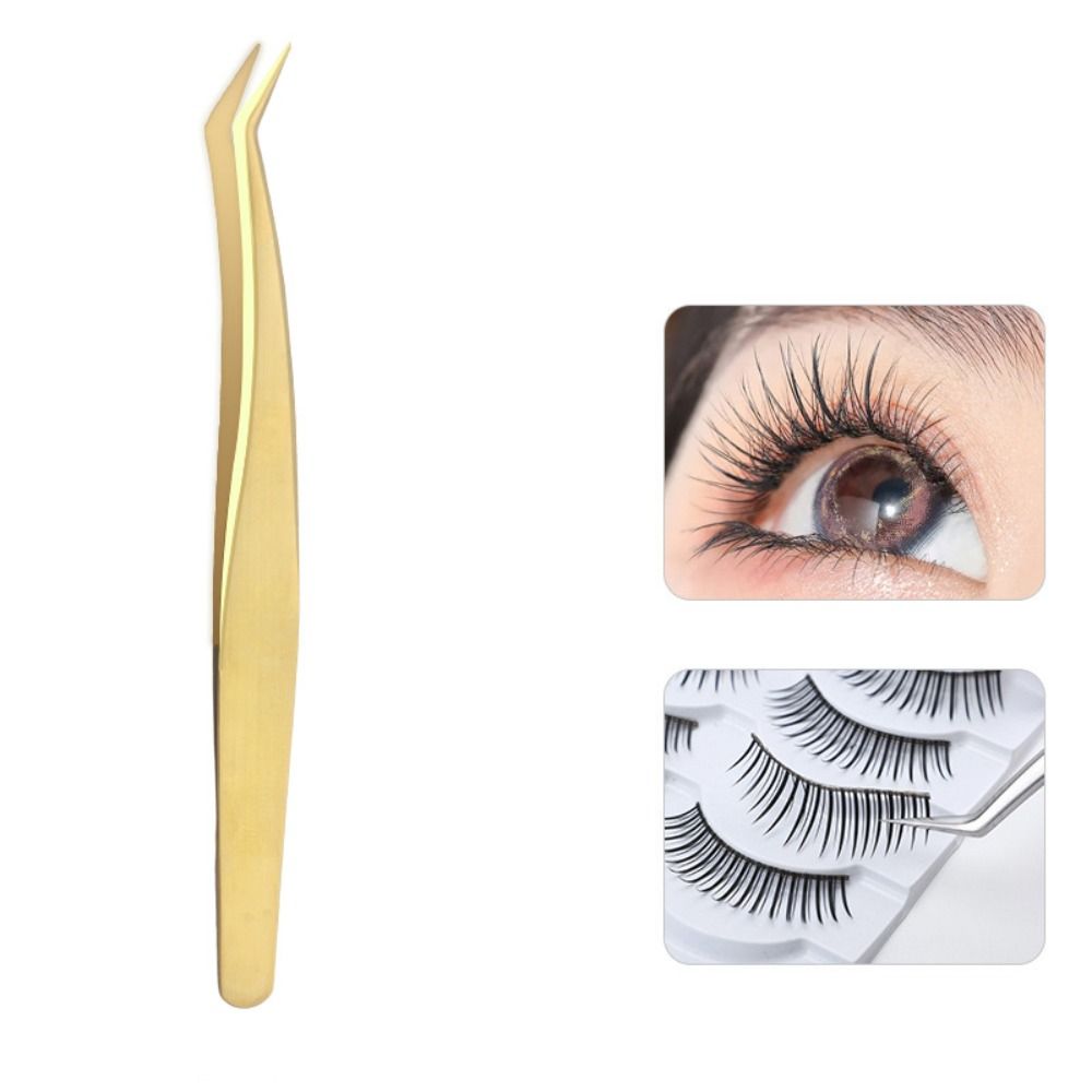 Durable Stainless Steel Lash Extension Tweezers Anti-Slip Gold Curved Tip Tweezers Straight Tweezers Makeup Accessories