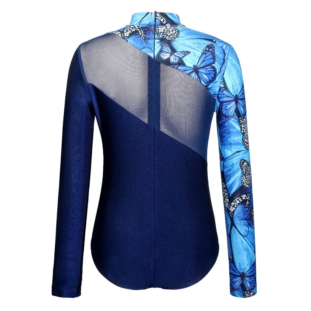 Kids Girls Performance Leotard: Long Sleeve Mock Neck with Mesh Patchwork & Butterfly Print Rhinestone Bodysuit Back Zipper