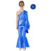Girls Performance Jumpsuit Metallic Bell Bottom Design One Shoulder Flare Sleeve Bodysuit Hair Accessory