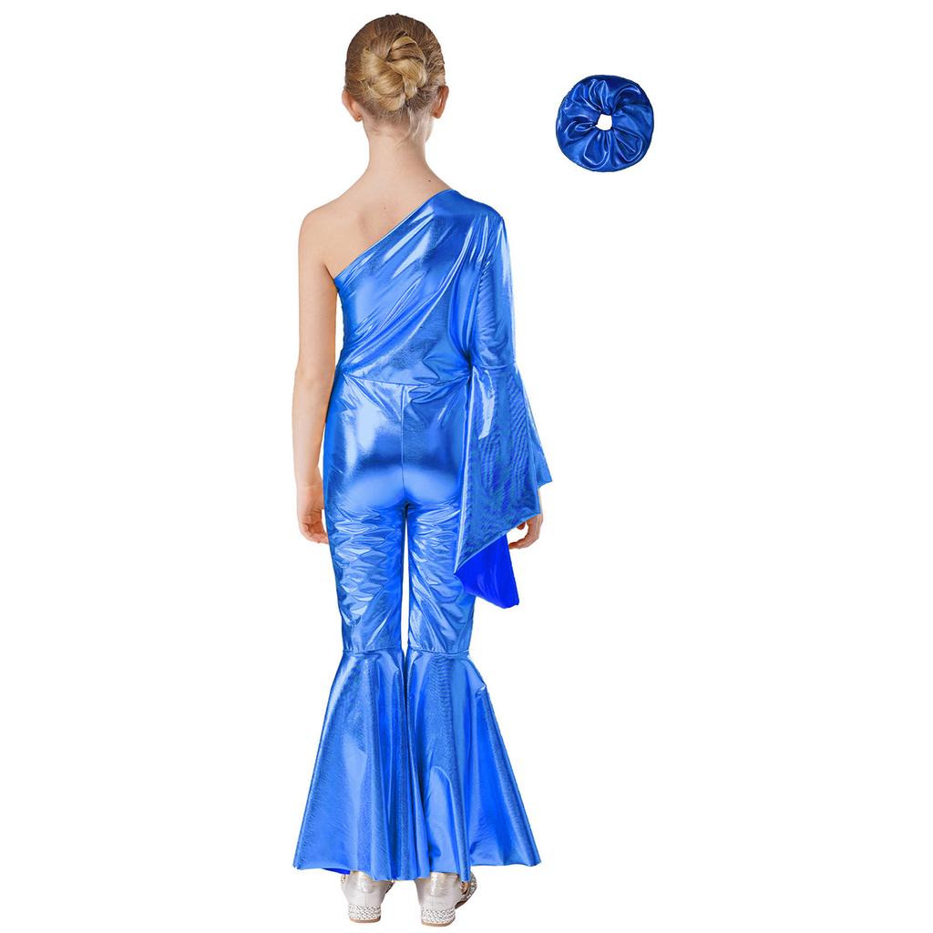 Girls Performance Jumpsuit Metallic Bell Bottom Design One Shoulder Flare Sleeve Bodysuit Hair Accessory