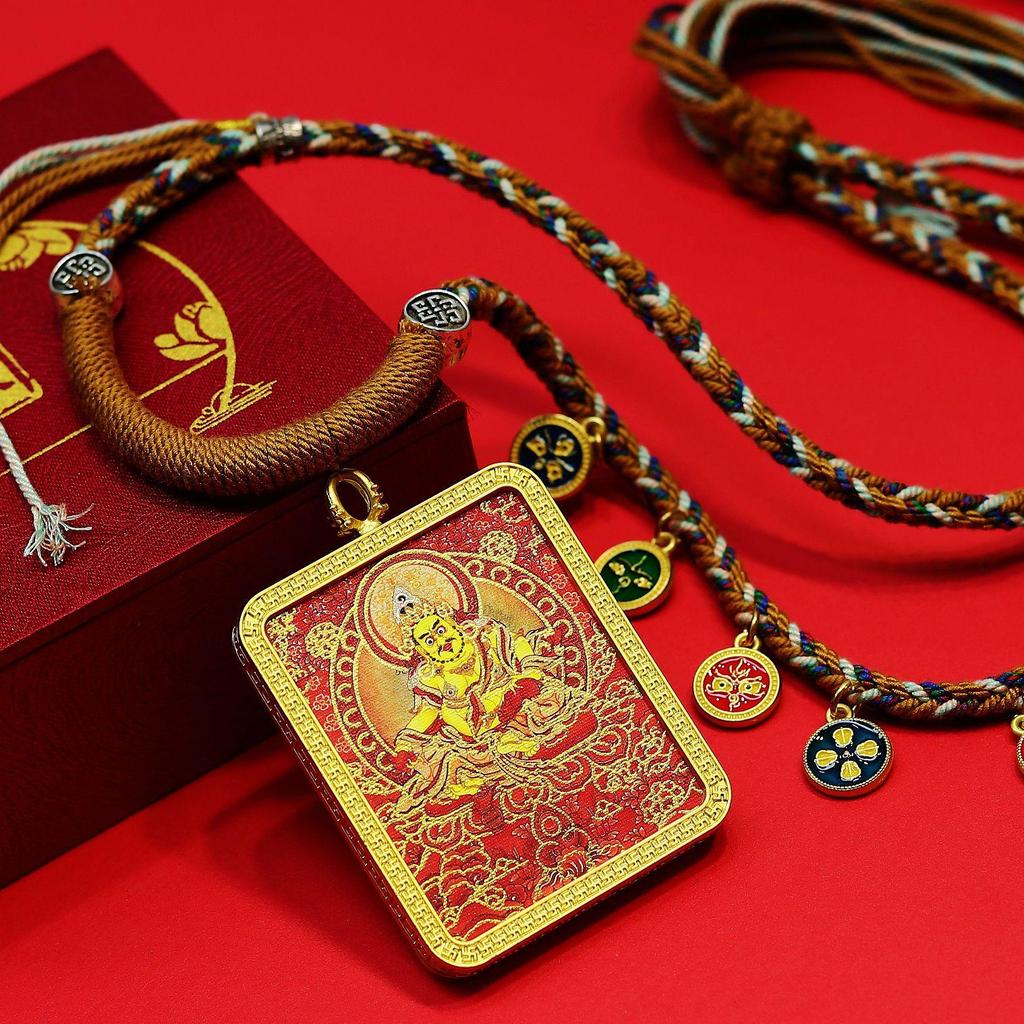 Yellow Jambhala Tibetan Thangka Gold Pendant Necklace with Fashionable Rope for Attracting Wealth