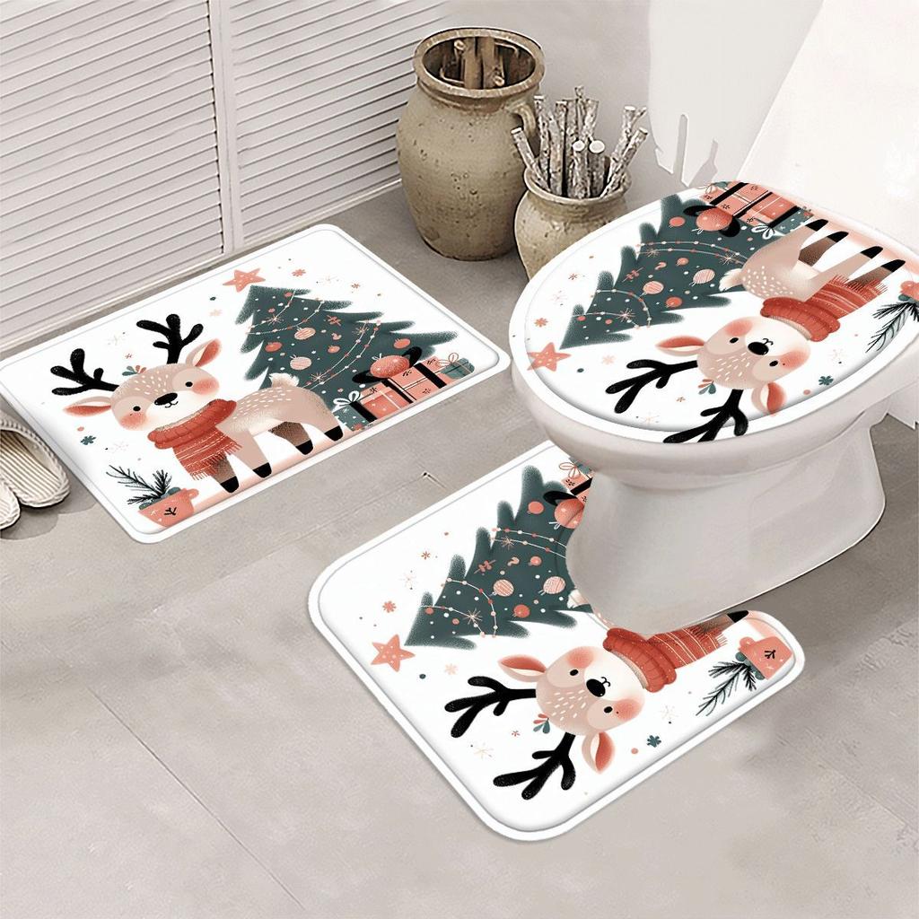 Christmas Merry Christmas 1/4pcs Winter Decoration Shower Curtain Set with 12 Hooks, Waterproof Shower Curtain, Non-Slip Bath Ma