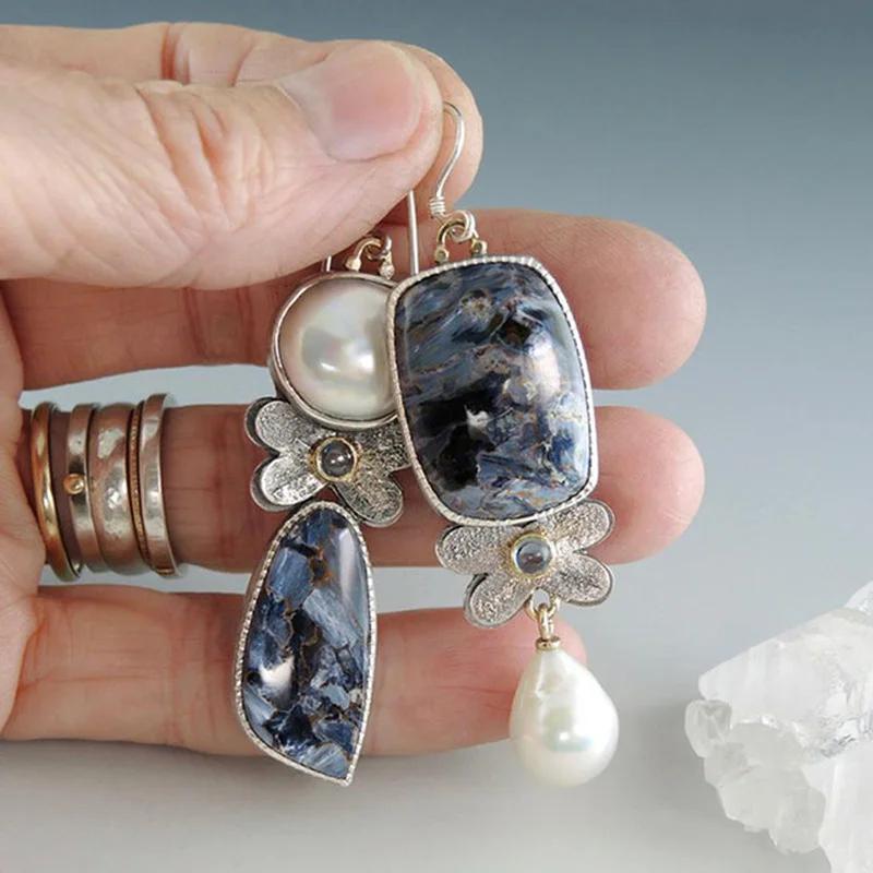 Gorgeous Round Pearls Earrings Asymmetrical Jewelry Vintage Silver Color Metal Engraved Butterfly Blue Pattern Dangle Earrings