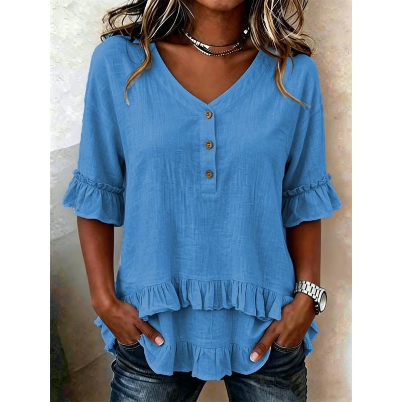 women's V Neck Button Ruffle Trim Half Sleeve Linen Blend Loose Casual Blouse Tunic Top