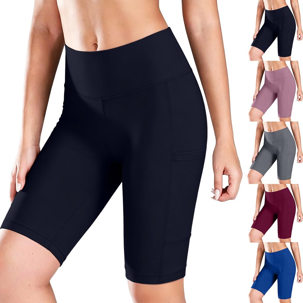 High Waist Butt Lifting Compression Biker Shorts for Women Tummy Control Stretchy Fitness Leggings with Side Pockets for Outdoor Sports