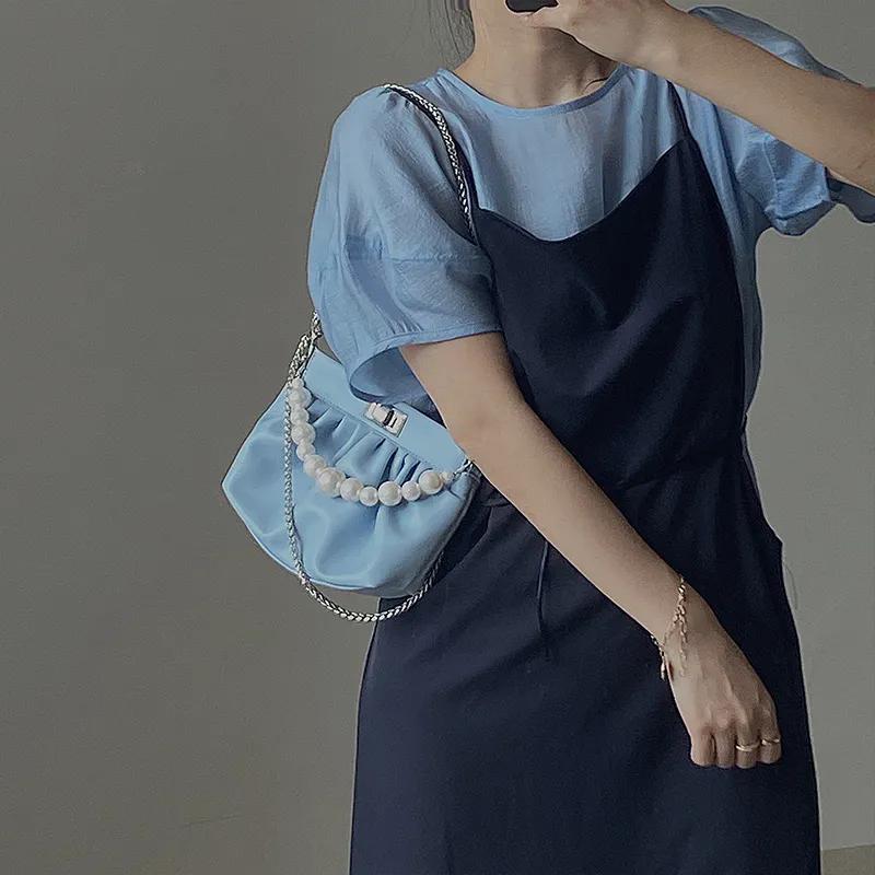 WTEMPO Frauen Vintage Perlen Dekoration Handtasche Weibliche Einfarbig Unterarm Kette Tasche Einzelnen Schulter Party Tasche