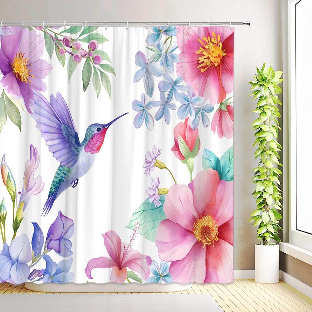 

Boho Floral Hummingbirds Shower Curtain Butterfly Flower Plants Leaves Bird Modern Bathroom Decor Fabric Bath Curtain With Hooks W60H190(CM)-1 Pcs