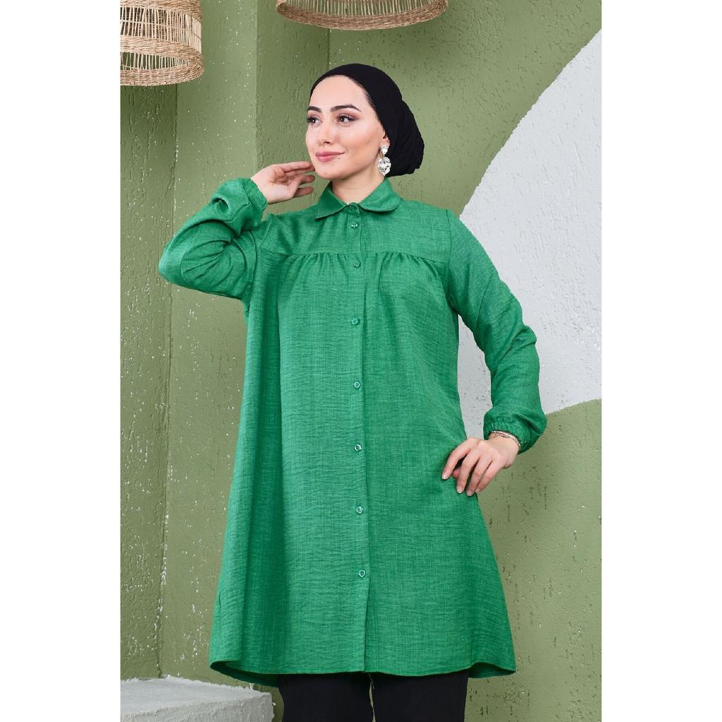 Women's Imported Linen Tunic Shirt With Gathered Front And Elastic Sleeves