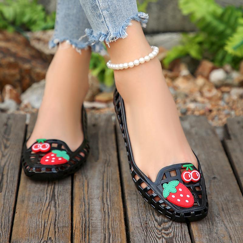 Fashion Cartoon Decor Soft Sole Non Slip Loafers Women Hollow Out Comfort Breathable PVC Flats Woman Summer Light Square Toe Casual Shoe