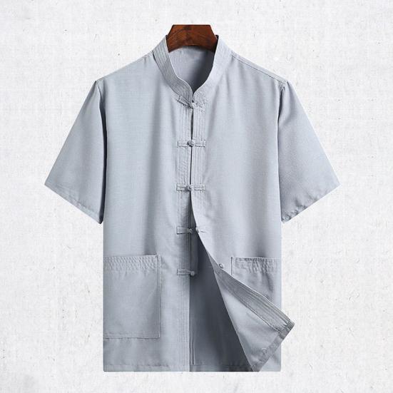 Father Summer Top Solid Color Short Sleeve Buckle Chinese Style Stand Collar Daily Wear Single-breasted Chinese Wear Tai Chi Clothing Male Clothes