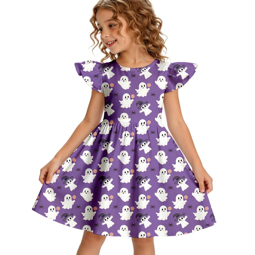 Girls Halloween Dress , Casual Round Neck Ruffled Sleeve Dress for Toddler Kids , Cute Party Dress for Holiday Celebration , Perfect for Costume Party