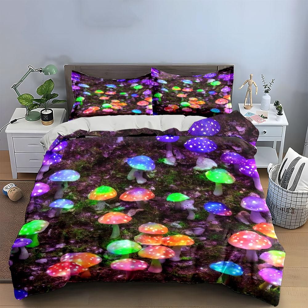 Colorful Led Mushroom Lights Decor Soft Comfortable Duvet Cover Bedding Set Included 1*Duvet Cover & 2*Pillowcases, Gift