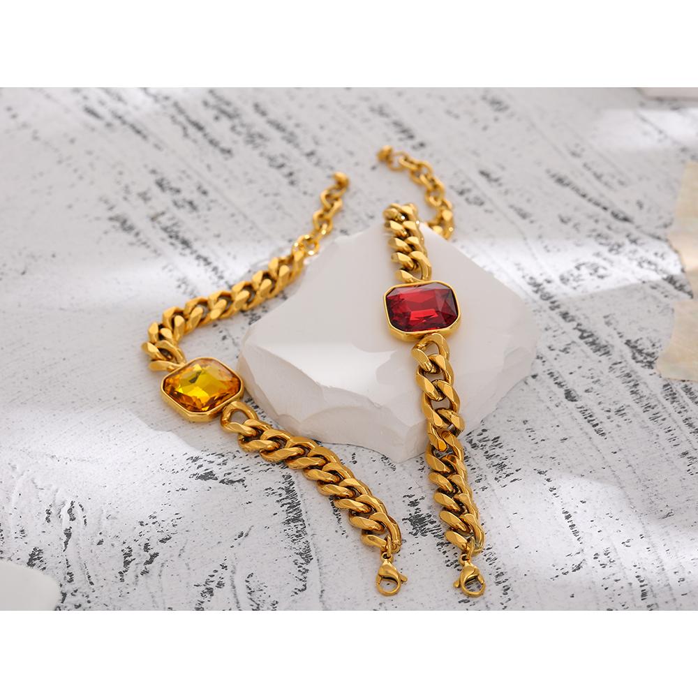 Yhpup Stainless Steel Red Cubic Zirconia Chain Bangle Bracelet for Women Heavy Metal Golden 18 K Bracelet Bijoux Femme Gift