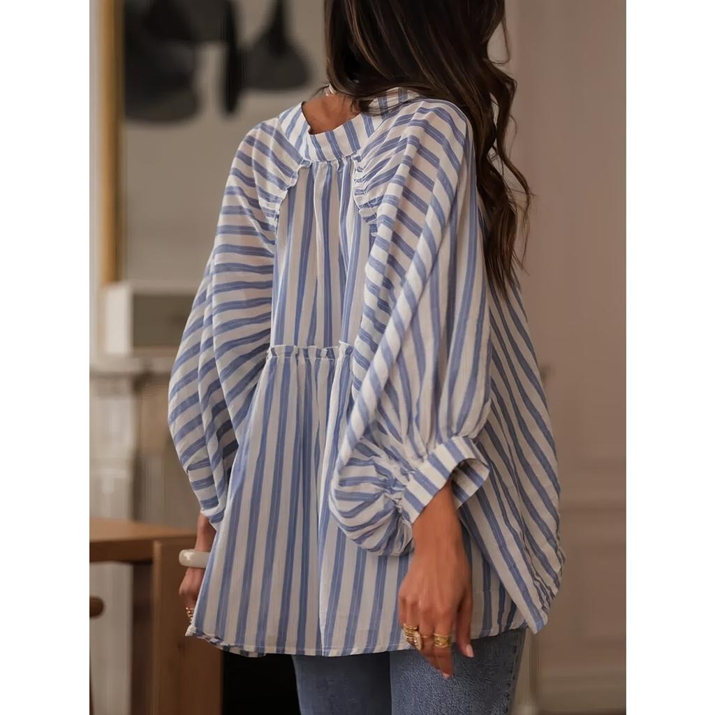 Camicetta da Donna a Manica Lunga con Collo a Revers Vestibilità Larga Stile Street Style Camicia a Righe Top Estivo Tessuto