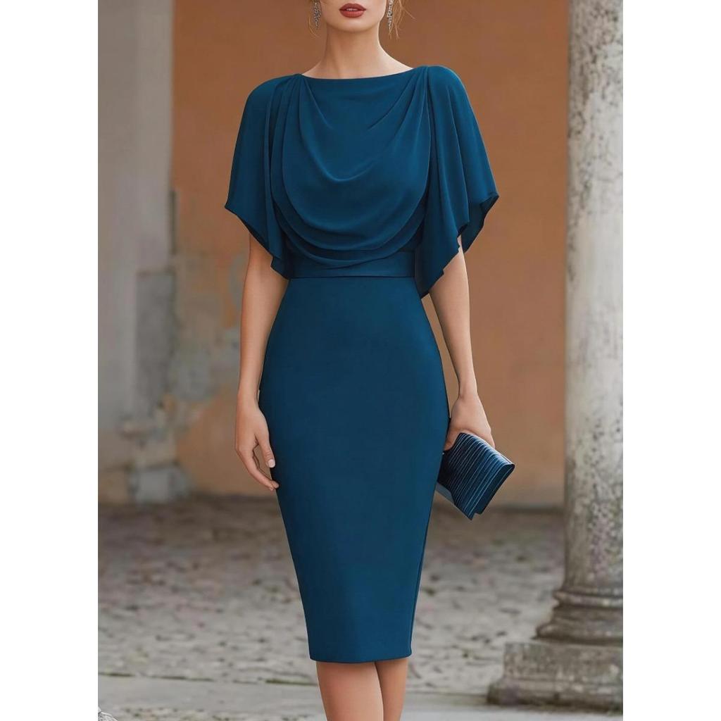 Abito Elegante Drapé al Collo a Tubino per Donna 2026, Manica a Pipistrello Vestito Midi a Matita Slim Fit, per Feste Cocktail e Ufficio