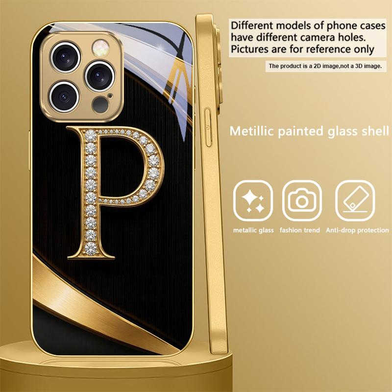 Exquisite letters' P H ' For iPhone Air 16E 15 PRO 14 13 Plus 12 mini 11 17 Pro Max XR 16 17ProMax 17Pro Golden glass phone case