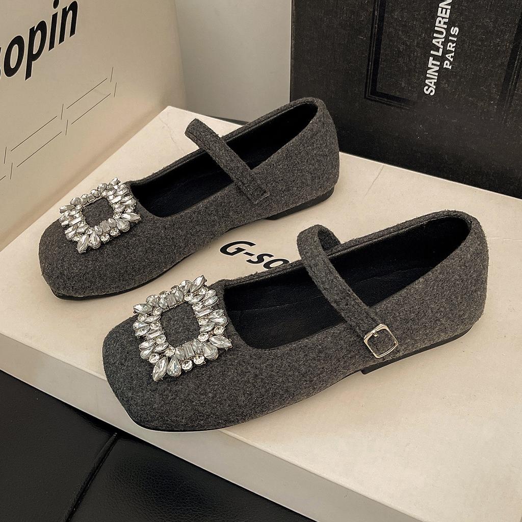 Large size women's shoes 41-43 fat feet French rhinestone woolen Mary Jane shoes spring and summer with skirts shallow beanie shoes list