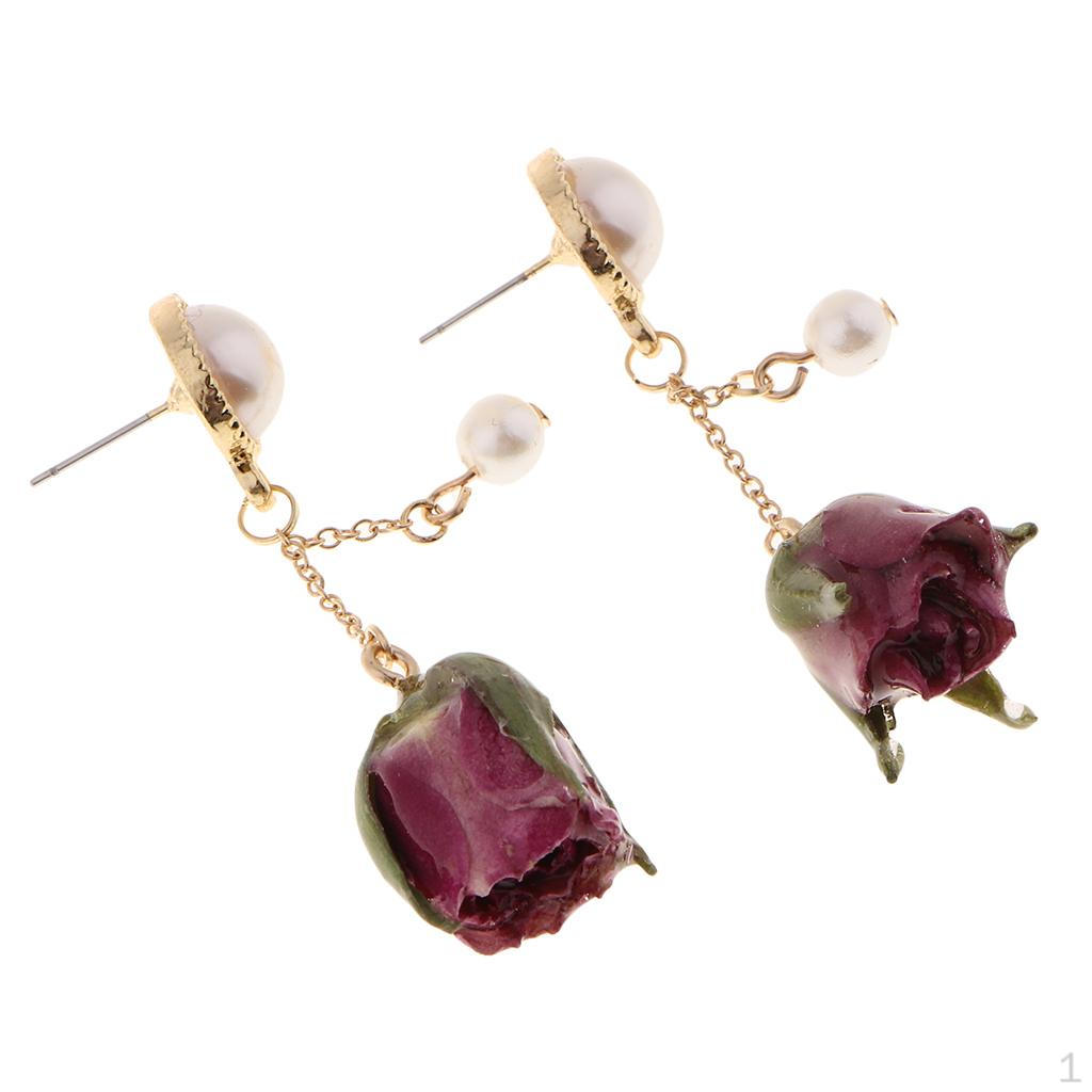 Dried Flower Buds Earring, Resin Epoxy Covered Rose Charms Pendants and Faux Pearl Beads Dangling A