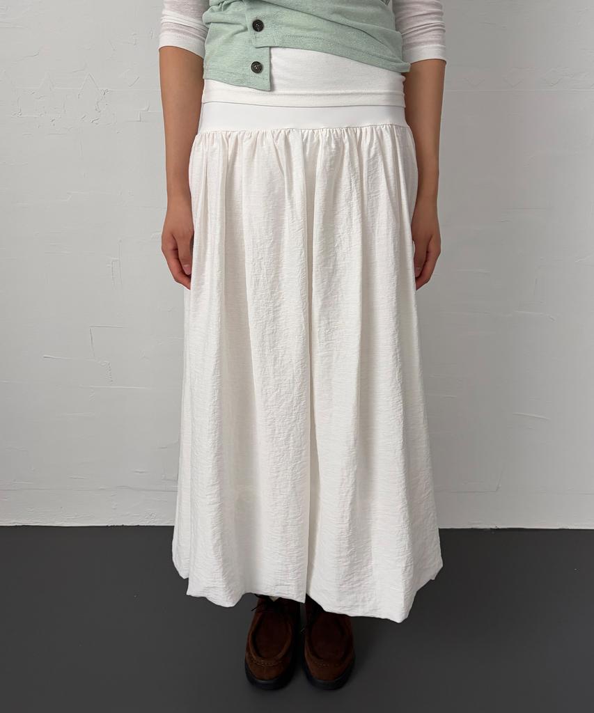 Chix Nylon Linen Voluminous Shirred Balloon Long Skirt White