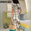 IHUASU Kvinnemote Sommer Våren Ensfarget Print Kortermet V-hals Høy midje Uformelle kjoler