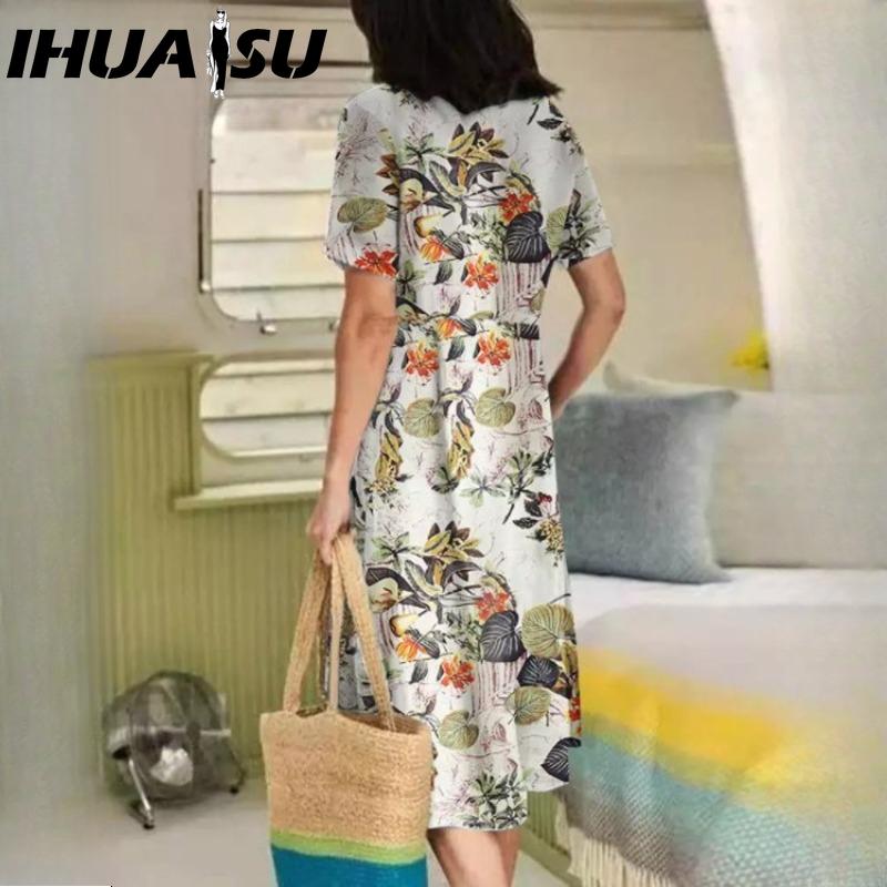 IHUASU Kvinnemote Sommer Våren Ensfarget Print Kortermet V-hals Høy midje Uformelle kjoler