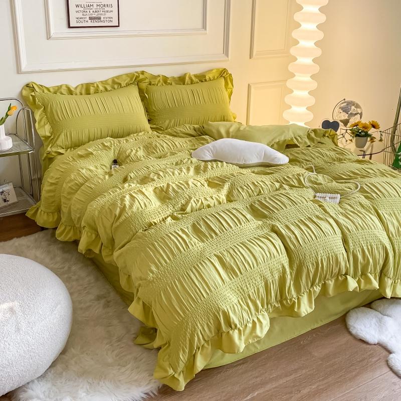 

White Ruffled Seersucker Single Queen King Duvet Cover Set 3/4pcs Soft Green Pink Grey Bedding Set With Bed Sheet Pillowcases Fitted Bed Sheet&King Size 4pcs