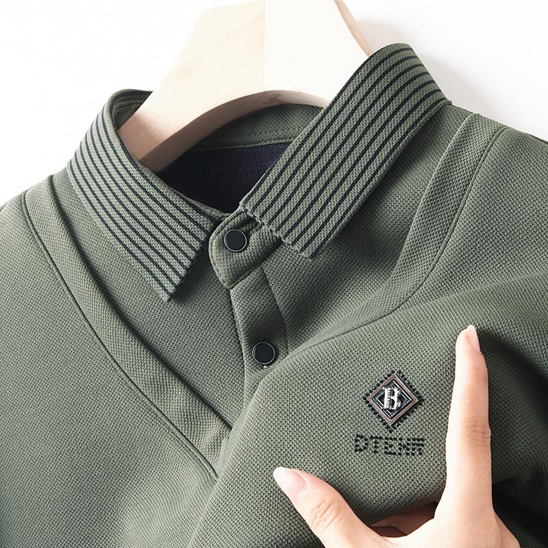 Advanced Luxury Shirt Collar Plush Thick Sweater Men'S Autumn Fashion Brand Embroidery Fake Two-Piece Set Long Sleeved T-Shirt