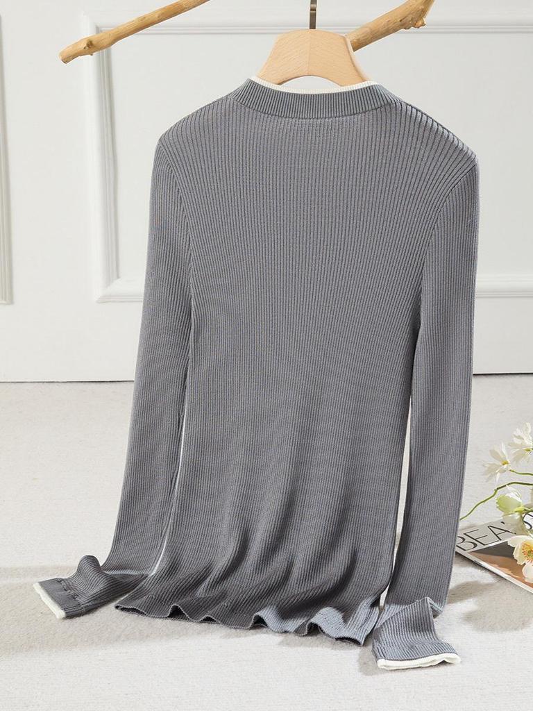 Mulberry Silk Blend Fake Two-Piece Ribbed Knit Slim-Fit Base Layer for Women - Spring/Autumn 2026