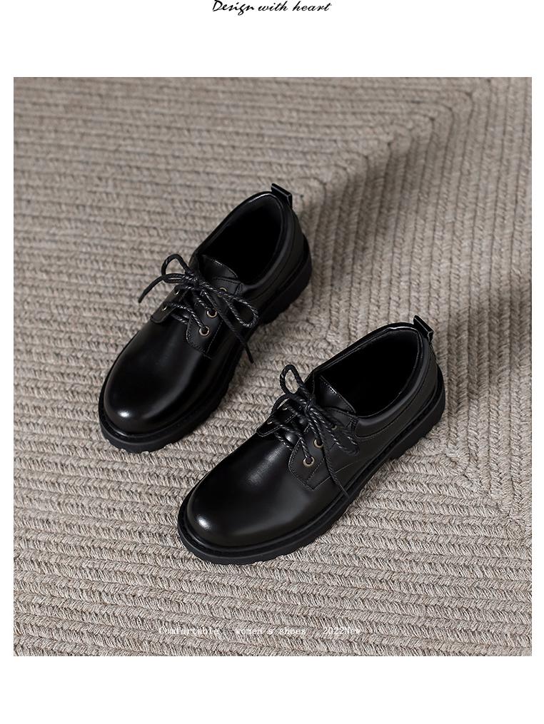 British Style Round Toe Women's Workplace Loafers - Lace-up, Thick Sole, Mid-Heel Leather Shoes