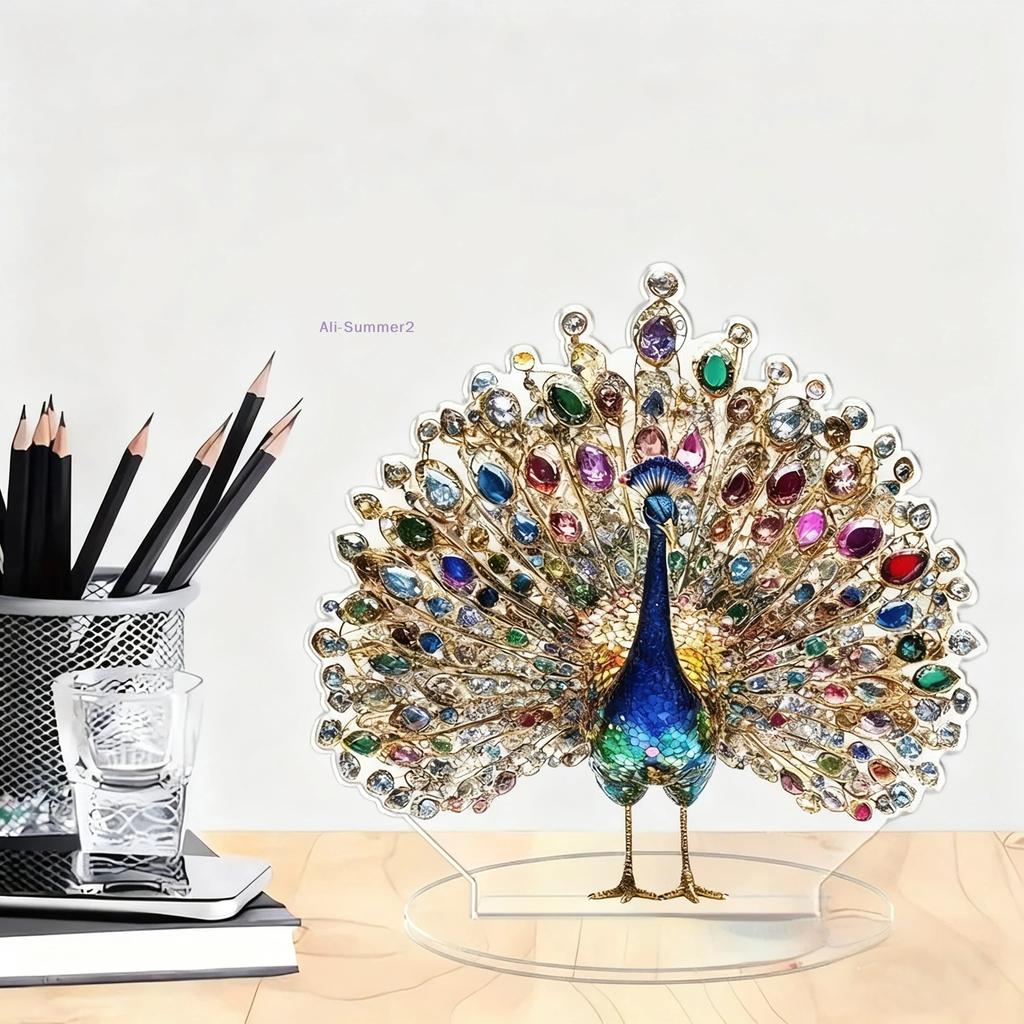 {Summer2}{MX} 2D Flat Acrylic Peacock Figurine Tabletop Decoration Luxury Crystal Peacock Ornament For Home Office Crafts Gift