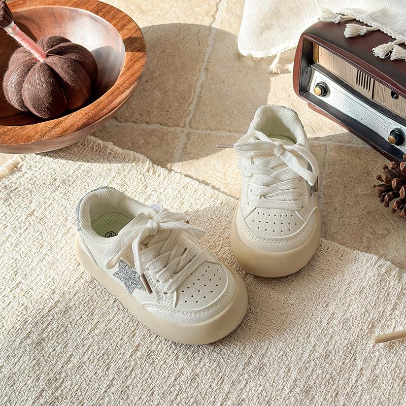 Kids Glitter Star Decor Lace Up Thick Sole Casual Sneakers 23 бежевый