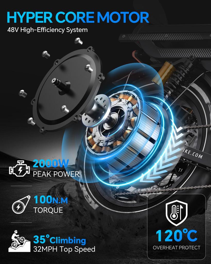 Tesway X7 Pro Electric Bike, Peak 2000W Motor, 52V 60Ah Battery, Range 300km, 20*4.0'' Tires, 7 Speed, Color Display