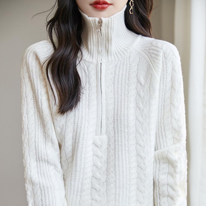 

Женский стильный облегающий шерстяной свитер-куртка на молнии с кабельным узором Medium