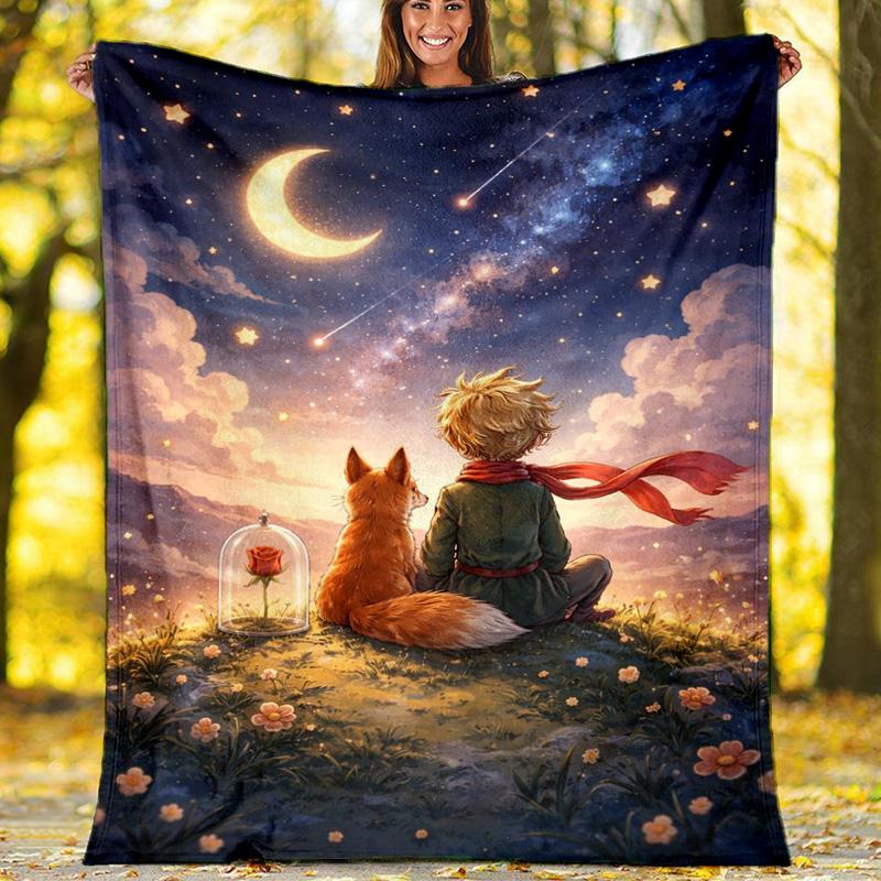 Little Prince Fox Starry Sky Fleece Printed Flannel Blanket, Warm Soft Throw Sofa Bed Blanket