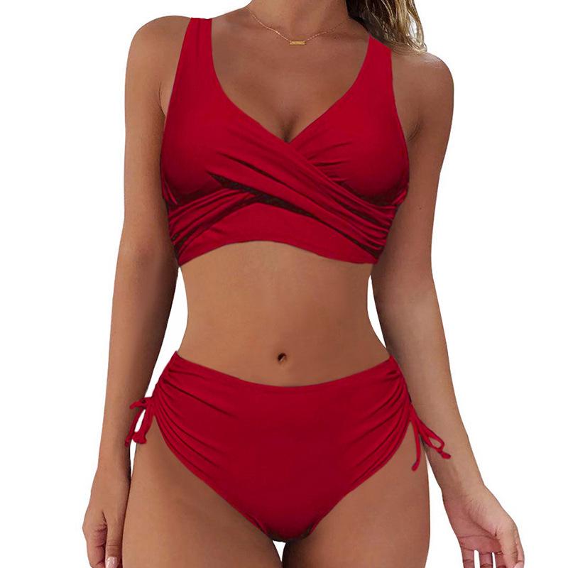 

2025 Hot-Selling Women s Solid Color Cross Hollow Out Strappy High Waist Sexy Bikini Extra Large красный