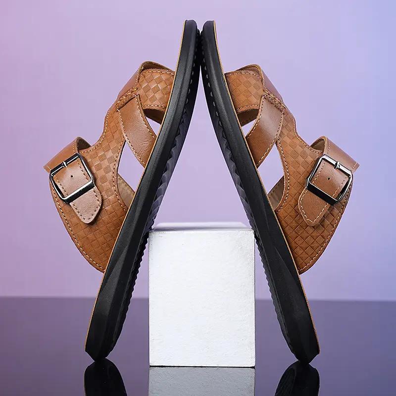 Men's Leather Slide Sandals Adjustable Buckle Casual Non-slip Summer Beach Slippers