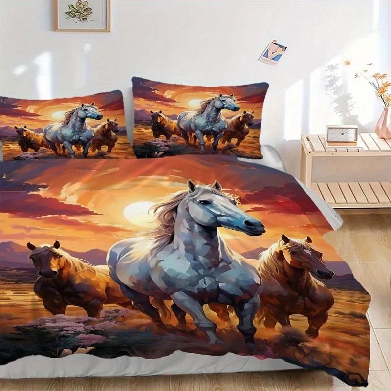 3pcs Animal-themed Horse Sunset Soft and Comfortable Breathability, Bedding Set, Machine Washable, Suitable for All Seasons134