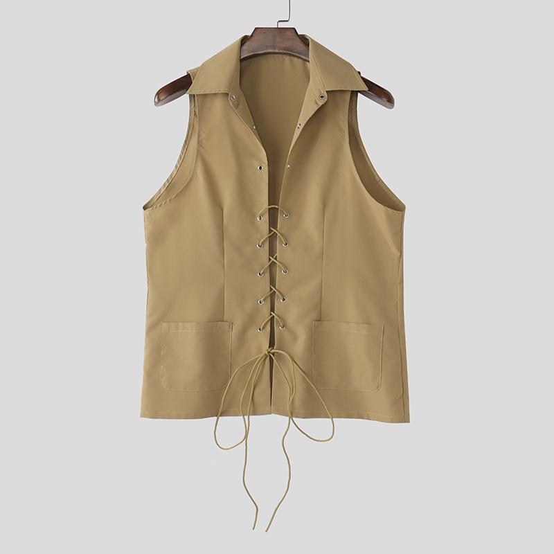 

INCERUN Летние мужские топы с отворотом и воротником без рукавов, с перекрещивающимися передними полосками 2XL хаки