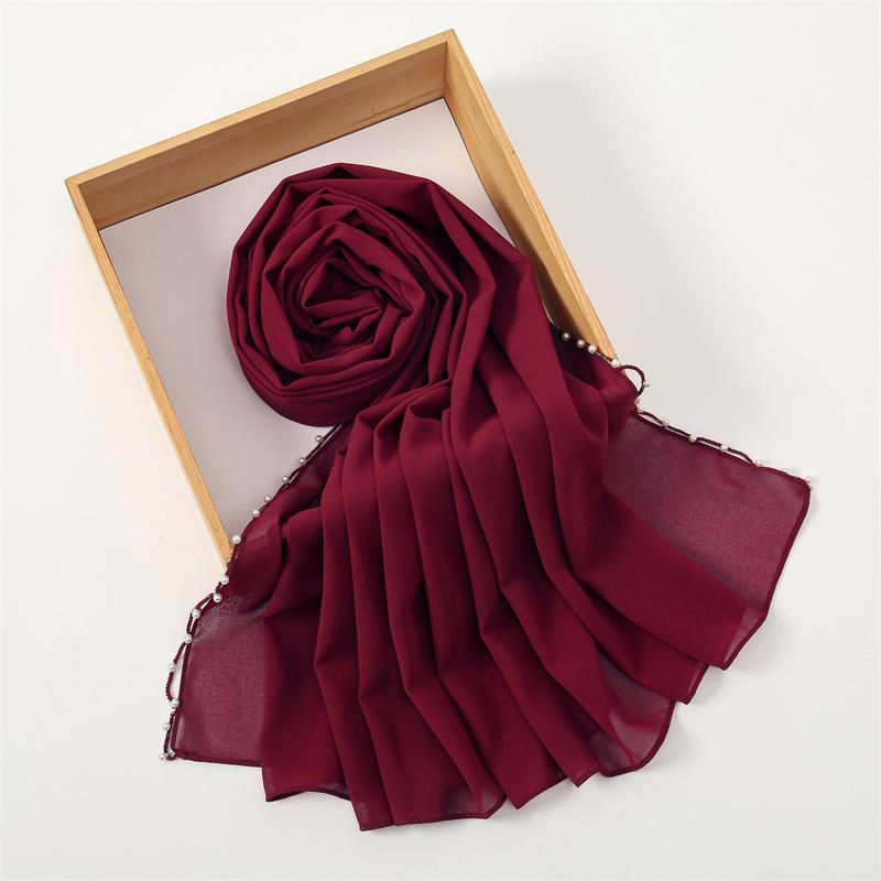 Muslim Chiffon Hijab Scarf Pearl Edge Solid Color Squane Head Wrap For Women Hijabs Scarves Jersey Hijabs Islamic Turban Headban