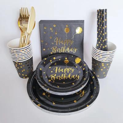 Black Gold Birthday Disposable Tableware Gold Crown Happy Birthday Plates Cups Adults Happy 30 40th 50th Birthday Party Decor