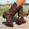 Fashion Punk Style Buckle Strap Motorcycle Boots Women Pointed Toe Chunky Heel Mid Calf Boots Woman Retro Pu Leather Knight Botas Mujer