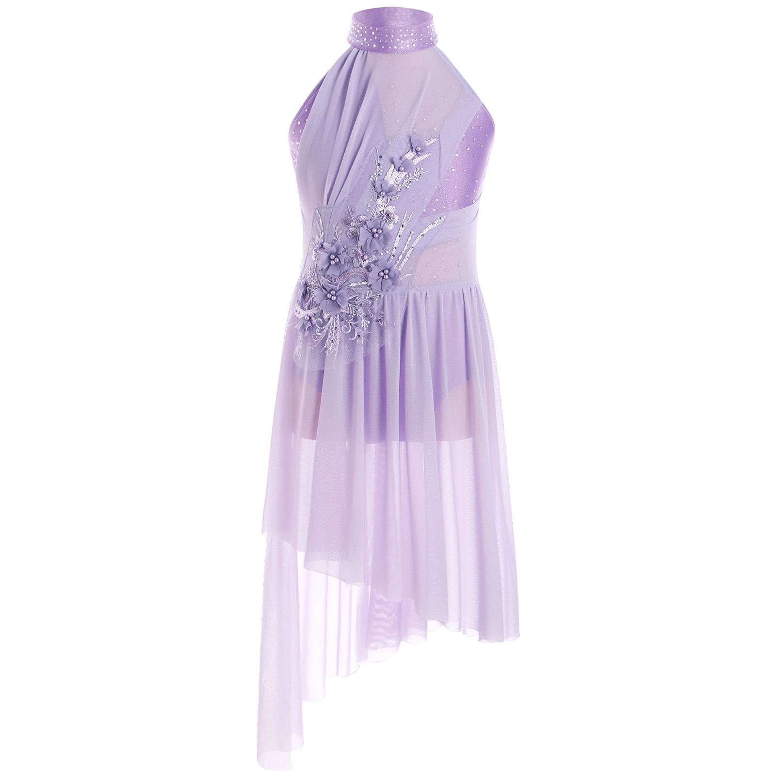 

Дівчата Блискуча Лірична Сукня для Виступу Без Рукавів Неправильний Низ Аплікація Стразами Балетний Танцювальний Костюм 15-16 Years світло-фіолетового кольору