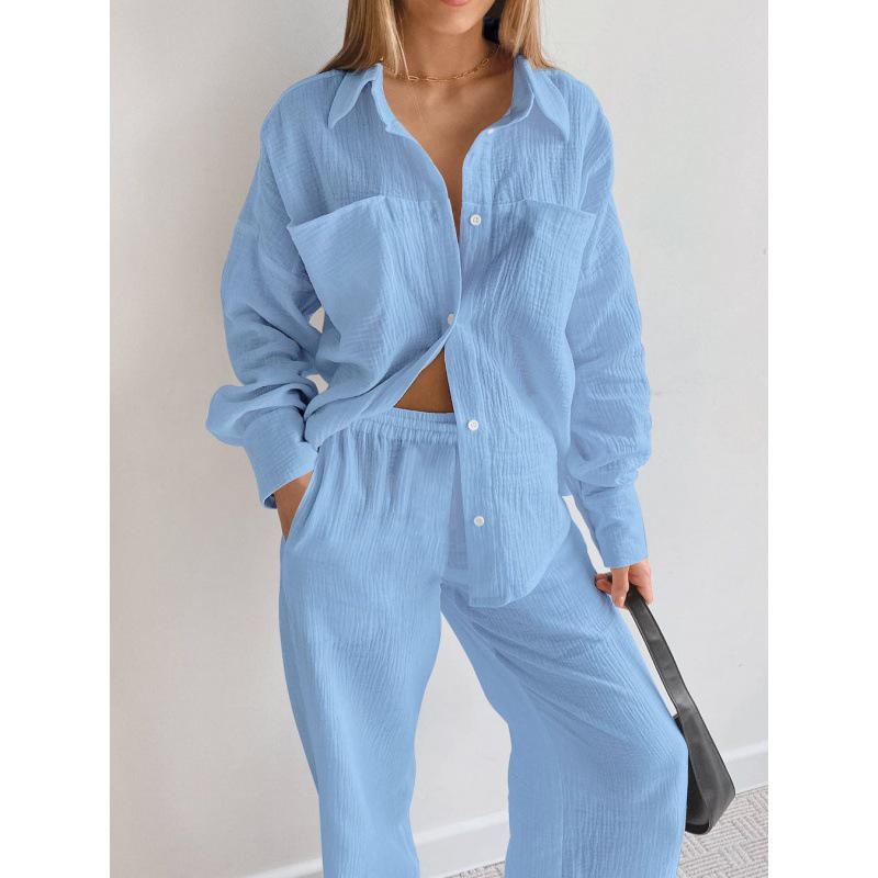 Dámská módní dvoudílná sada 2025: Košile s dlouhým rukávem a kalhoty s vysokým pasem a rovnými nohavicemi - Neformální evropský a americký styl